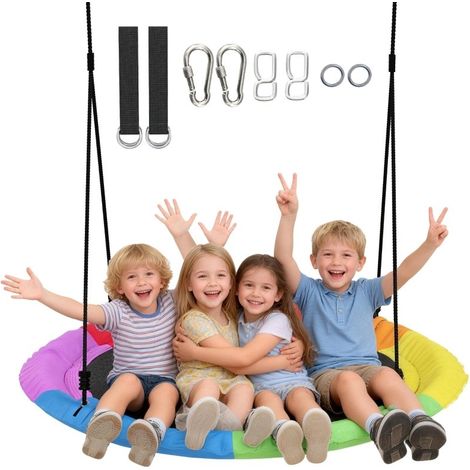 Siège de balançoire arbre rond 120cm, cordes et sangles ajustables, charge 300kg, coloris multicolore pour enfants
