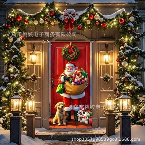 Décoration de porte de Noël 2026, tissu de fond extérieur, polyester, tenture suspendue - 90 x 180 cm (rainure + ruban) - Style 7