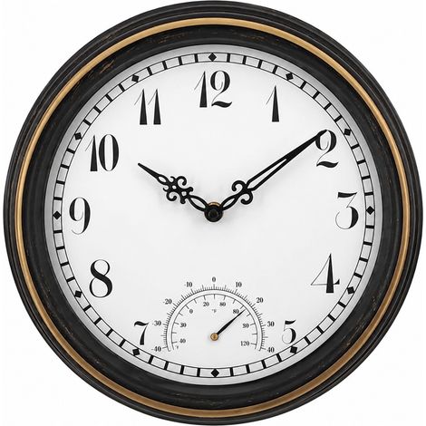 Horloge murale extérieure étanche avec thermomètre, ronde vintage de 30 cm (12 pouces), IP44, décoration pour jardin et terrasse (1/5)