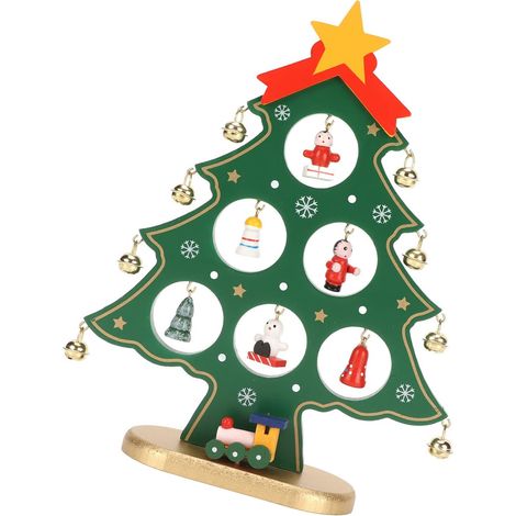 Déco de Noël en bois massif sapin miniature pour bureau étagère avec petits ornements vert 22 x 17 x 5,5 cm 120 g (1/5)