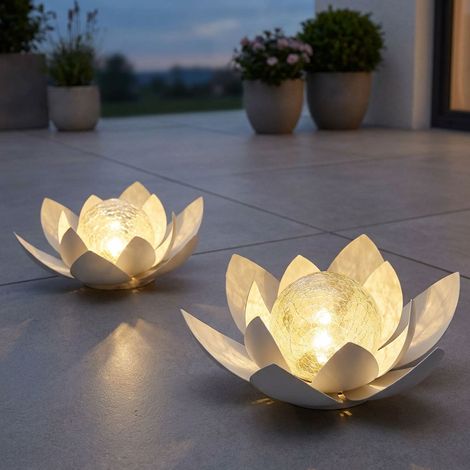 LED Lotusblume Gartendeko Solarlampe Außenleuchtee Solarleuchte Tischlampe, Metall weiß Crackle-Glas, DxH 27,6 x 12 cm, 2er Set