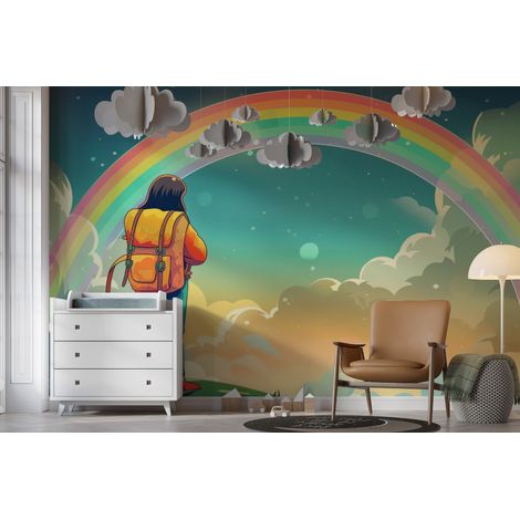 Papier peint enfants - marcheur face à un grand arc-en-ciel - 500 x 270 cm (1/2)