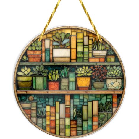 Bibliothèque pour plantes sur étagère, attrape soleil muraux ronds en verre coloré de 20 x cm (1/5)