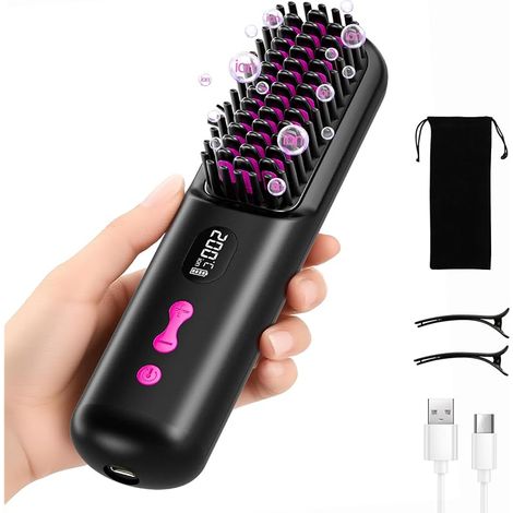 Brosse Lissante Sans Fil 9600mAh, Portable et Pratique Pour Les Voyages Brosse Chauffante Cheveux Court, Rechargeable par USB, Ions Négatifs, pour Femmes et Hommes (1/5)