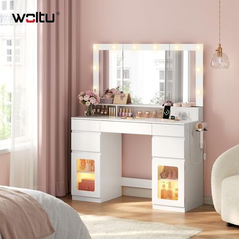 WOLTU Tocador– Mesa de maquillaje con espejo abatible, 10 bombillas LED, 5 cajones y 2 armarios – Blanco (1/5)