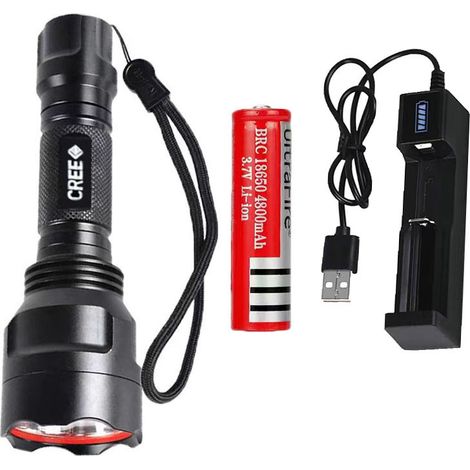 Lampe torche LED C8 forte puissance focale fixe T6 alliage d'aluminium (LED XPE + chargeur + batterie)