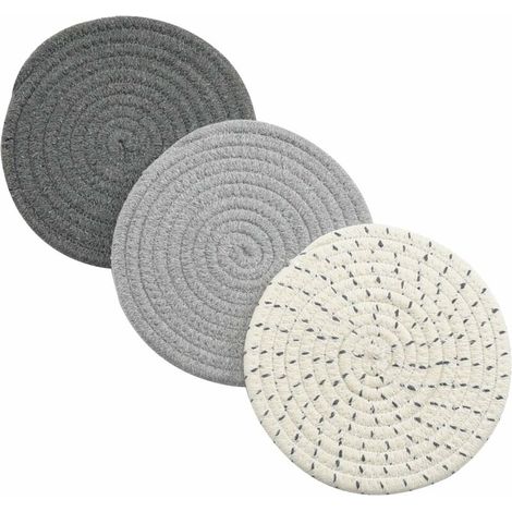 Kitchen pot holder set Tripod set 100% cotton braided hot pot holder set (3 piece set) Fashion coaster, heat pad, heat pad, spoon holder for cooking and baking, 7 inches in diameter (Grey) (1/5)