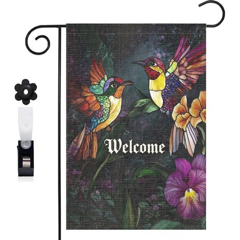 Drapeau de jardin fleurs orange et colibris pour l'été 30 x 45 cm décoration cour et balcon (1/5)