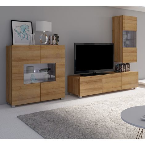 Wohnzimmer Set mit Highboard in Eiche Gold Nb. mit LED Beleuchtung CAIRNS-132, B/H/T ca. 265/200/43 cm (1/5)