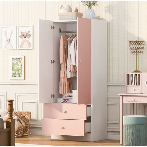 Kleiderschrank 70x40x170 cm aus MDF und Sperrholz Rosa/Weiß, 2 Schubladen – MEUBLIV (1/5)