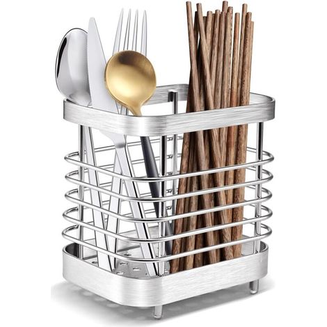 Cestino portaposate in acciaio inox, scolaposate in acciaio inox, porta utensili da cucina per riporre coltelli, forchette, cucchiai e bacchette, argento (1/4)