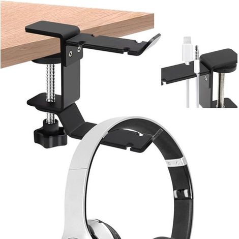 Supporto per cuffie in 2 pezzi, doppi ganci con rotazione a 360°, supporto per cuffie in metallo placcato oro, non richiede foratura, supporto per cuffie da scrivania, nero (1/5)