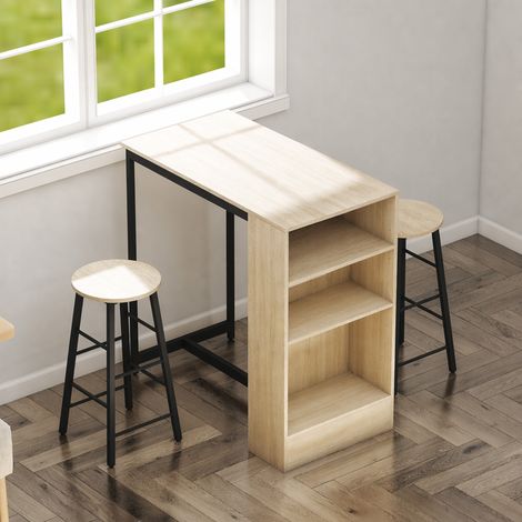 Ensemble table de bar avec tabourets, compartiments ouverts, étagère réglable et repose-pieds, chêne et noir (1/5)