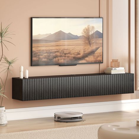 Meuble TV Suspendu 140 cm, TV 72 Pouces, 2 Portes Rabattables, 140x25x22 cm, Noir (1/5)