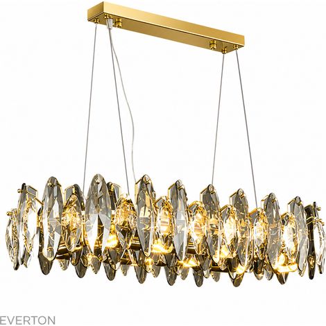 Lustre Linéaire en Cristal 80 cm, Suspension Dorée Style Plumes et Feuilles de Cristal, Luminaire de Luxe à Hauteur Réglable, Métal & Cristal, 8 Douilles E14 pour Salle à Manger, Îlot de Cuisine, Salo
