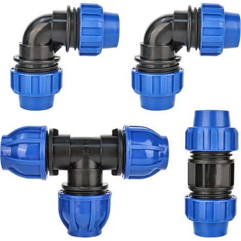 Lot de 4 raccords à visser pour tuyau en polyéthylène - 90° - Raccord coudé en T - Raccord de tuyau en PVC de 25 mm - Pour installations intérieures et extérieures (1/5)