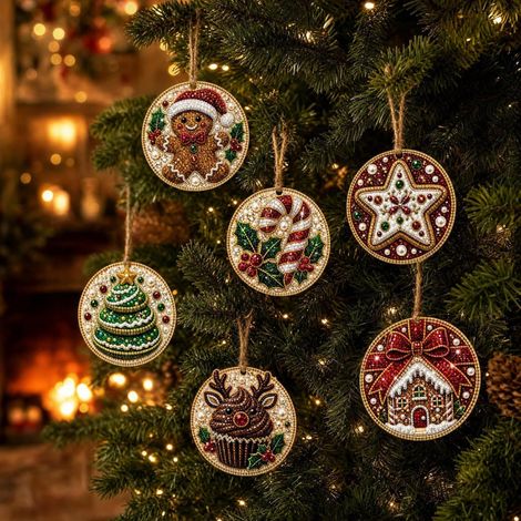 Set mit 6 farbenfrohen Weihnachtsdekorationen aus Holz