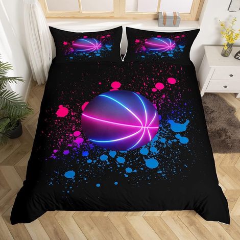 Housse de Couette Basketball 240 x 260,Ensemble de Literie Neon Basketball Parure de Lit Imprimée Tie Dye Rose et Bleu pour Les Enfants Garçons Filles Ados,Housse Couette Noire À Thème Sportif - 240x2 (1/5)