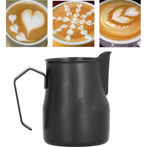 Latte-Art-Kanne aus Edelstahl im italienischen Stil mit großer Öffnung, ideal für die Zubereitung von feinem Kaffee und Milchschaum. Silber/schwarz mit Logo, 500 ml. (1/5)