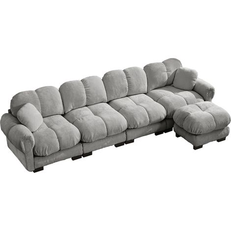 Sofá rinconero modular en L de 4 plazas en tejido chenilla gris claro con otomana móvil (1/5)