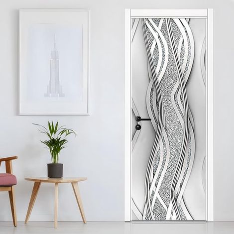 Sticker de porte abstrait moderne, ensemble de 2 pièces, à assembler, 200 x 77 cm (2 pièces de 38,5 cm chacune), poster/autocollant mural pour porte, motif vague argentée. (1/5)