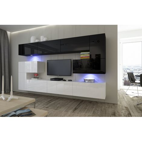 Ensemble meuble TV NEXT 3 AN3-17WB-HG22-1B blanc-noir brillant 286 cm