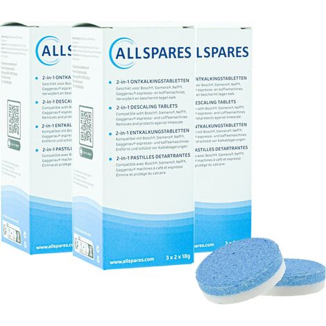 Pastillas descalcificadoras 2 en 1 AllSpares (18 pastillas de 18 g) aptas para cafeteras Bosch 311821 / 311975 / TCZ8002 / y Siemens Neff Gaggenau 00311975 / TZ80002 (1/3)