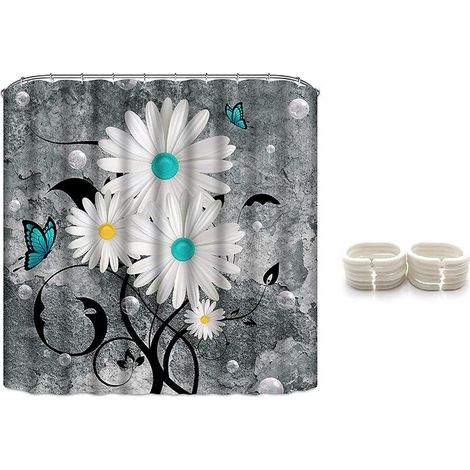 Rideau de douche à motif papillon et marguerites blanches pour salle de bain, style rustique, avec 12 crochets. (1/5)