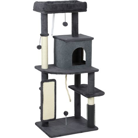 Albero Tiragraffi per Gatti Multilivello Alto 132 cm con Casetta Lettino Pali Tiragraffi Spazzola e Pallina Grigio Scuro (1/5)
