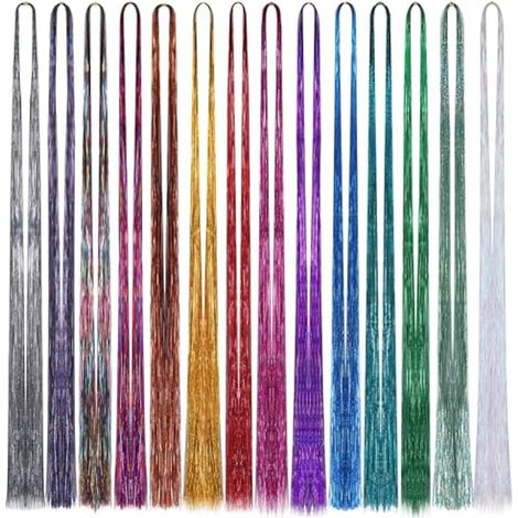14 Couleurs Hair Tinsel, 2100 Pièces Mèches de Cheveux à Paillettes, 93 cm Extensions de Cheveux Colorées, À tresser pour Fille, Multicolore, Sans Outils (1/5)