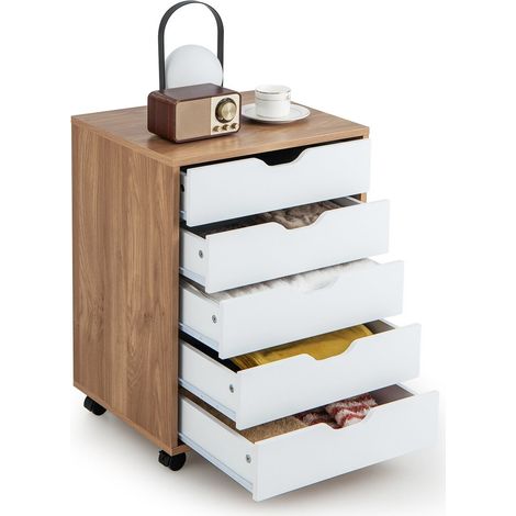 5 Drawer Chest Storage Wooden Dresser Rolling Storage Cabinet Mobile Organizer (1/5)