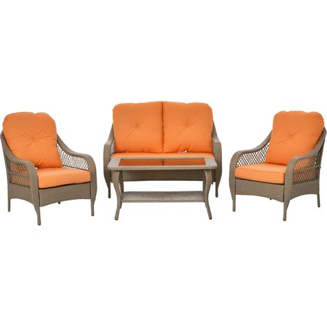 Lot de 4 Meubles de Jardin en Rotin PE : 2 Fauteuils, Canapé 2 Places, Table & Coussins, Teinte Kaki et Orange