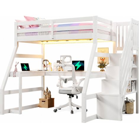 CHICFURN Cama alta infantil 90x200 cm de madera blanca con escritorio, LED y almacenaje integrado (1/5)