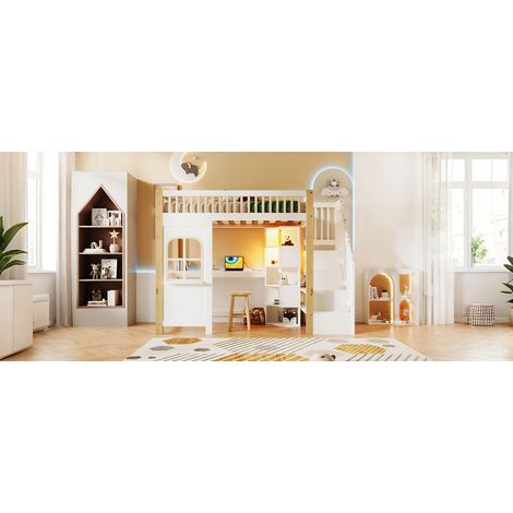 Letto a soppalco 90x200 cm pino bianco/naturale con scrivania, senza materasso – MEUBLIV (1/5)