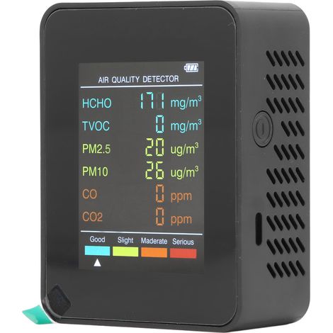 Monitor portatile della qualità dell'aria con display LCD retroilluminato, rilevatore di CO2 TVOC HCHO PM2.5 PM10 con allarme, nero, di DEBUNS (1/5)