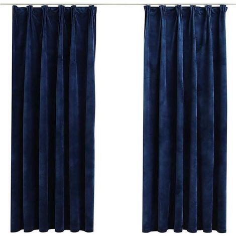 Rideaux occultants et crochets, ensemble 2 pièces, velours bleu foncé, 140 x 175 cm (1/5)