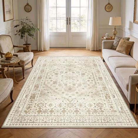 Tapis de salon, vintage, beige, 160 x 230 cm, rétro, antidérapant, en laine synthétique, lavable, pour salon, chambre à coucher, bureau, salle à manger (1/5)