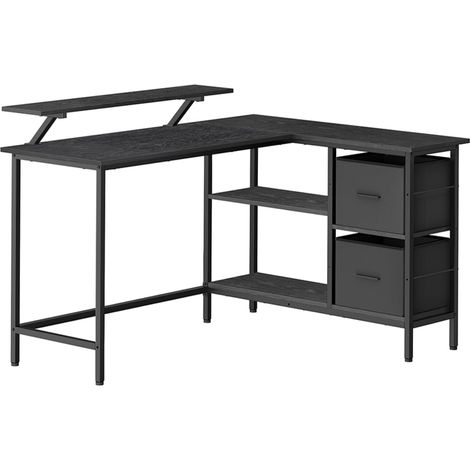 Bureau en forme de L avec 2 tiroirs spacieux bureau gaming avec support pour écran bureau d’angle bureau d’ordinateur avec étagère réglable pour bureau noir (1/5)