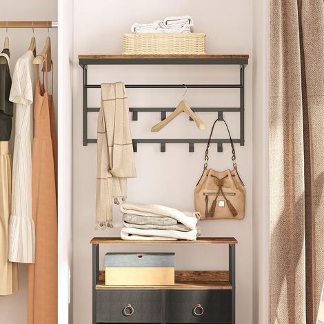 Wandgarderobe mit Ablage, Wandregal mit 10 Haken und Stangen, Wandmontiertes Hängeregal, 80 x 30 x 42 cm, für Flur, Wohnzimmer, Schlafzimmer, Badezimmer, Industriestil HOOBRO EBF12YM01