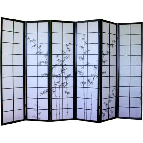 Pegane – Paravent bois noir 6 pans – Dessin bambou noir – Structure en bois verni avec charnières double sens – Occultant et lumineux