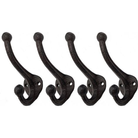 Gusseisen Doppel Wandhaken 11 cm braun - 4er Set - Nostalgie Kleiderhaken in antik Optik groß