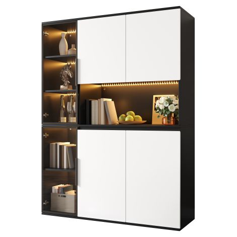 Mobile alto, vetrina, credenza, madia, look bianco e nero, elementi in vetro, luci LED integrate, struttura in MDF, ampio spazio contenitivo, mobile per sala da pranzo, mobile per soggiorno