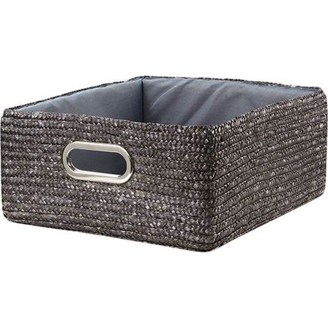 Tiroir en paille tressé gris métal – Dimensions 34 x 28 x 13 cm – Pour rangement objets divers – Modèle moyen taupe (1/3)