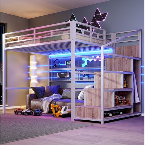 Letto a soppalco moderno in metallo bianco 140x200 cm con guardaroba a scala, griglia portaoggetti e LED 7 colori (1/5)