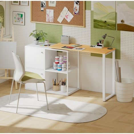 Bureau d'angle pivotant 360°, 150 x 40 x 75 cm, avec 2 armoires et 2 étagères ouvertes, blanc HAVRYA (1/5)