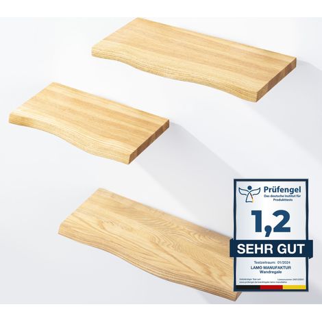 LAMO Manufaktur 3 Stück Wandregal aus Holz 42/36/30cm SET 1 Baumkante Farbe: Natur