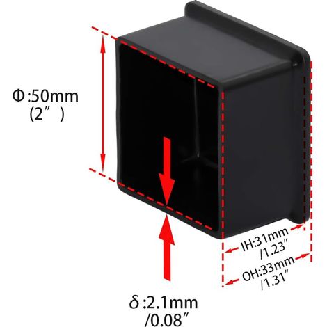 Juego de 8 tapas cuadradas para sillas, mesas, suelos y protectores de patas de suelo, PVC que no deja marcas, 50 mm x 50 mm, negro. (1/4)