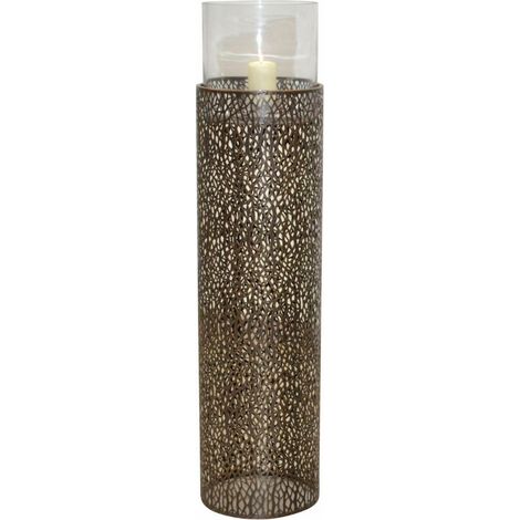 Portavelas farol de suelo de diseño romántico en metal con superficie perforada color marrón altura 68 cm DEC05104