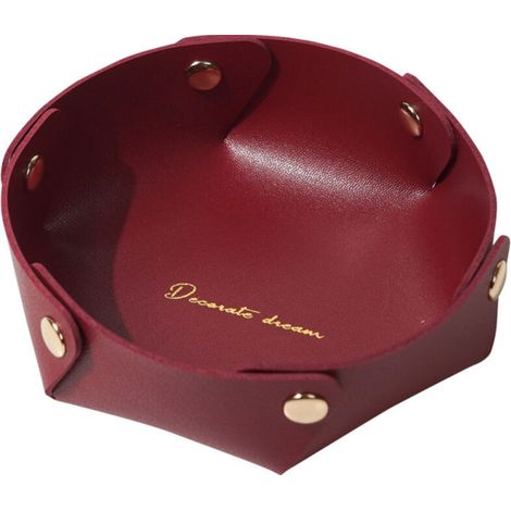 Plateau rond en cuir, plateau de rangement en cuir, plateau à bijoux en simili cuir, plateau de rangement pour pièces de monnaie pour clés, montres, fournitures de bureau, bijoux(vin rouge) (1/5)
