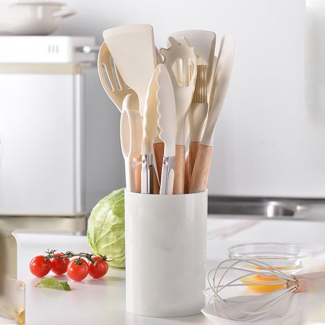 Ensemble de 14 ustensiles de cuisine avec manche en bois, comprenant des ustensiles de cuisson en silicone, une spatule, une pince et des porte-cuillères, blanc. (1/5)